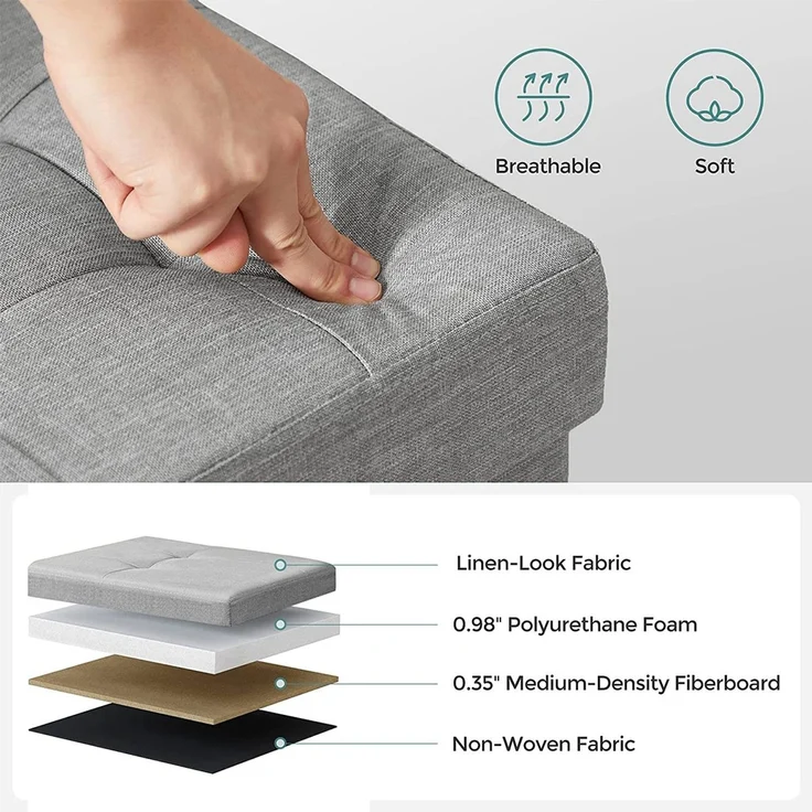 Sitzbank, 110 cm lang, Sitztruhe mit 120 L Stauraum, belastbar bis 300 kg, aus Leinen, hellgrau LSF77G – Bild 5