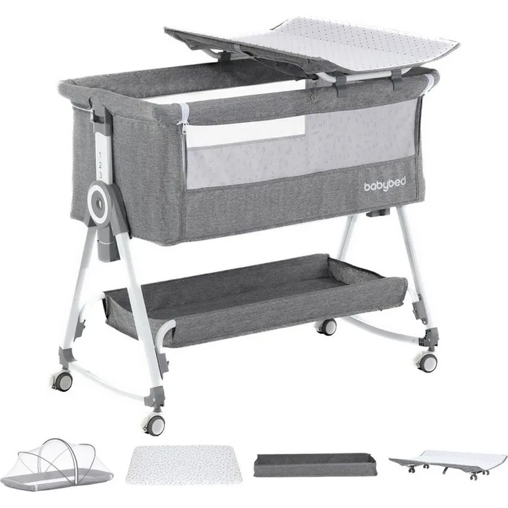 oyajia Beistellbett 3 in 1 Babybett Babywiege für Neugeborene Schaukelbettchen Rädern, 6-stufige Höhenverstellung, mit Rollen, Matratze und Moskitonetz