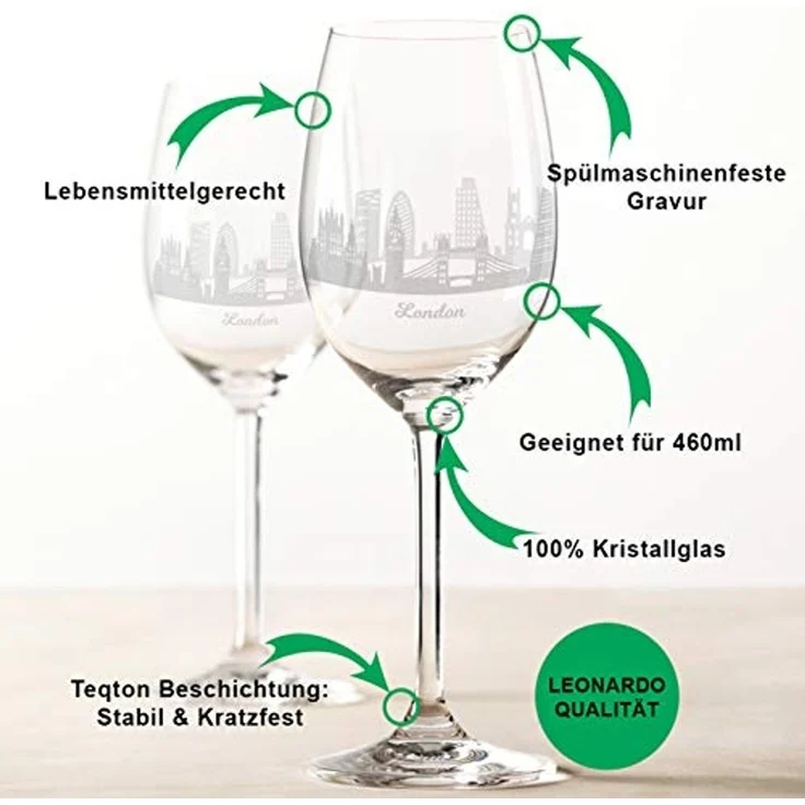 GRAVURZEILE Rotweinglas Leonardo Weinglas 2er Set mit 360° Gravur - Skyline London, Glas, graviertes Geschenk als Souvenier, Andenken & Mitbringsel – Bild 2