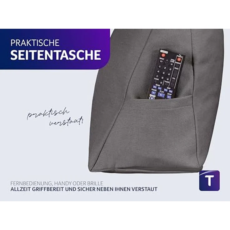 Traumnacht Cozy Rückenkissen, Lesekissen, 70x40 cm dunkelgrau, abnehmbarer,waschbarer Bezug aus 100% Polyester,praktisches Seitenfach,Öko-Tex zertifiziert,produziert nach deutschem Qualitätsstandard – Bild 7