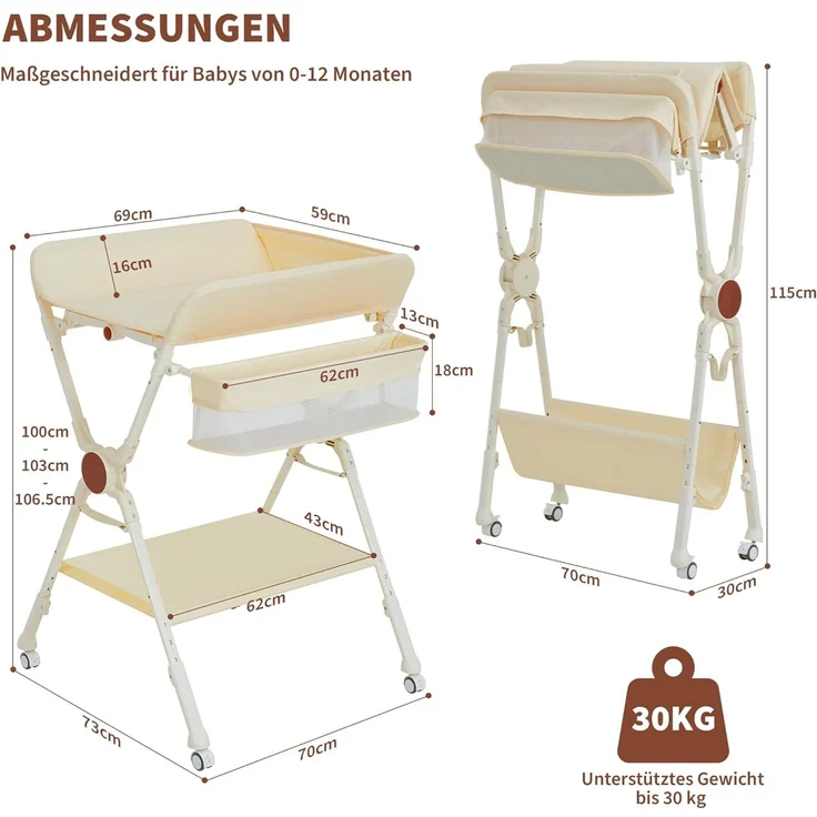 GarveeHome Baby Wickelkommode, Wickeltisch Klappbar Mit Rollen, Mobiler Wickeltisch Mit 3-Stufiger Höhenverstellung & Ablage Für Neugeborene, Kleinkinder 73x70x106,5Cm – Bild 2