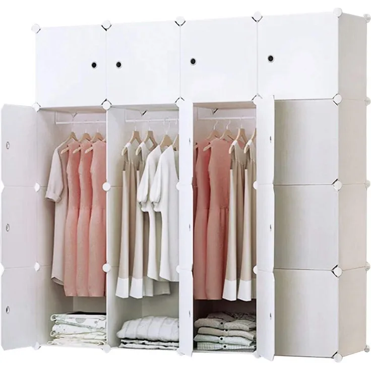 BRIAN & DANY Kleiderschrank aus 16 Würfeln, Garderobenschrank Steckregalsystem Kunststoffschrank mit Türen & 3 Kleiderstange, 148 x 47 x 148 cm
