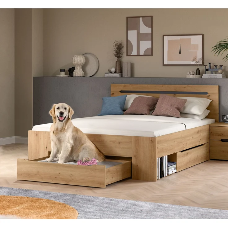 Bett Sova 140x200, Modernes Bett in Eiche-Optik mit Schubladen & Fächern – Bild 7