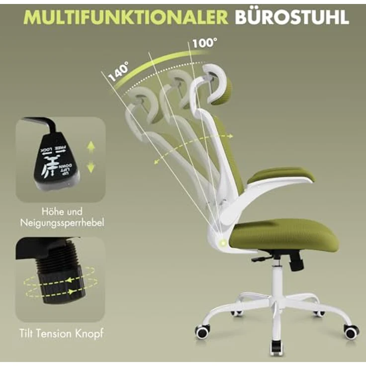 COLAMY Bürostuhl Mesh Computerstuhl, Bürostuhl Ergonomisch, Arbeitsstuhl mit Verstellbarer Kopfstütze und Lendenwirbelstütze, Schreibtisch Stuhl mit hochklappbarer Armlehne, 140° Wippfunktion, Grün – Bild 7
