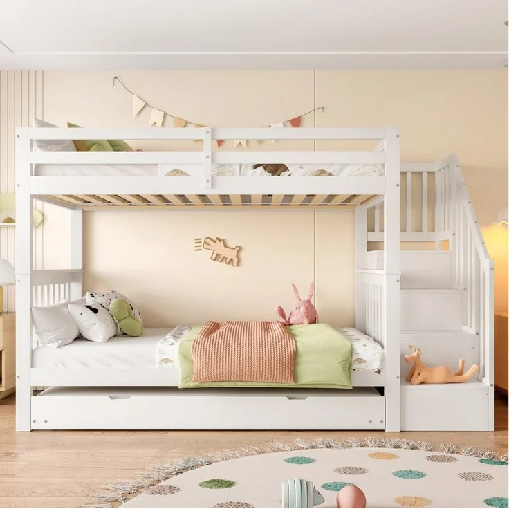 SOFTWEARY Etagenbett mit 3 Liegeflächen und Lattenrost (90x200 cm), Kinderbett mit Rausfallschutz, Treppe beidseitig montierbar, Kiefer – Bild 3
