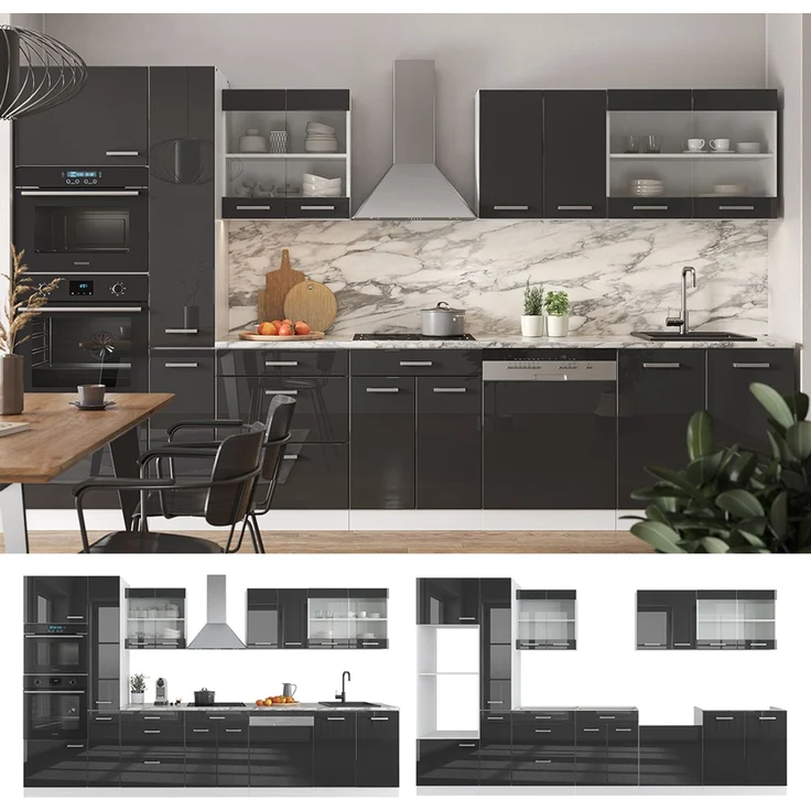 Küchenzeile R-Line Anthrazit Hochglanz/Weiß 350 cm mit Hochschrank, AP Marmor Vicco – Bild 2