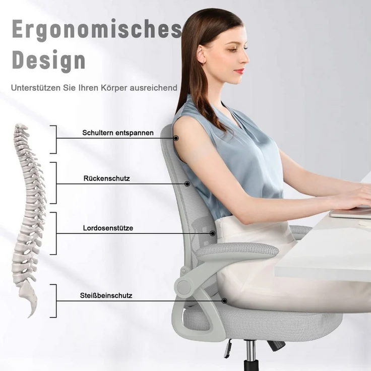 BIGZZIA Bürostuhl Ergonomischer Sitz, Sessel mit 90° klappbarer Armlehne,Lordosenstütze,höhenverstellbar – Bild 2