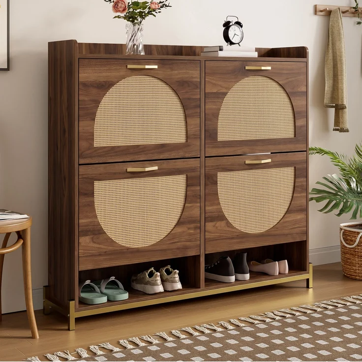 DESVIAE Garderobenschrank Schuhschrank Nussbaum aus MDF – 108,5x100x24 cm – 4 Klappen, Rattan-Optik – Bild 3
