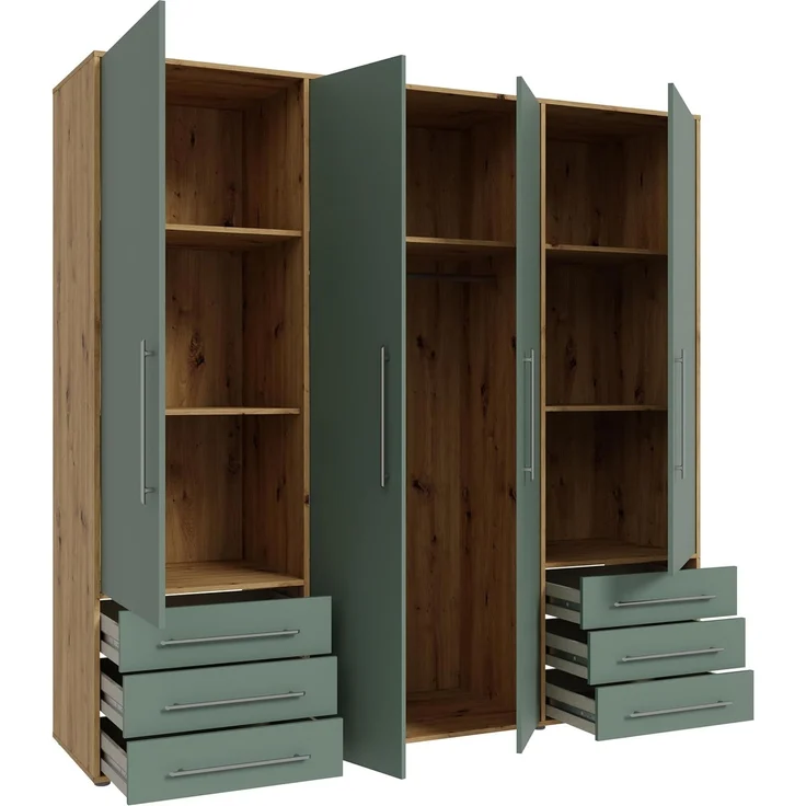 Forte MOKKARO Kleiderschrank 205, Geräumiger Schrank mit 4 Drehtüren und 6 Schubladen, Artisan Eiche Dekor/Salbei, 205,9 cm breit, 200 cm hoch, 53 cm tief – Bild 6