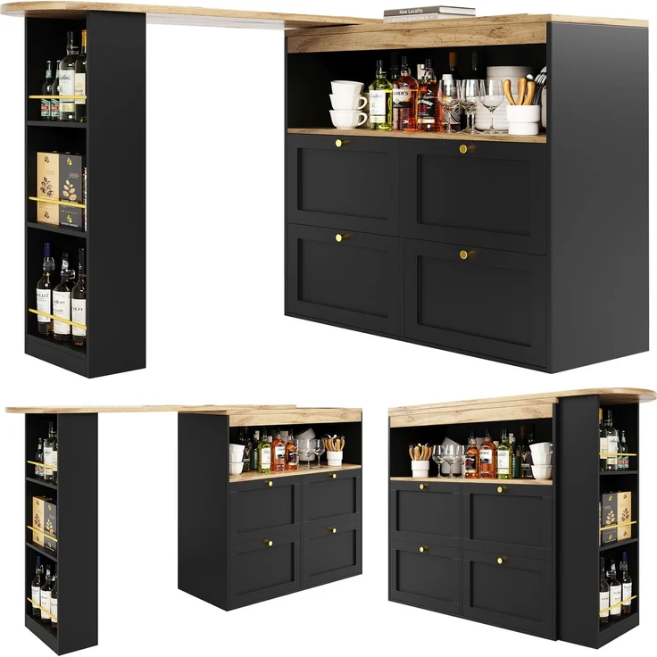 Bartisch 105 x 39 x 102 cm, 360° drehbar, mit 4 Schubladen und offenen Ablagen, Schwarz – Bild 11