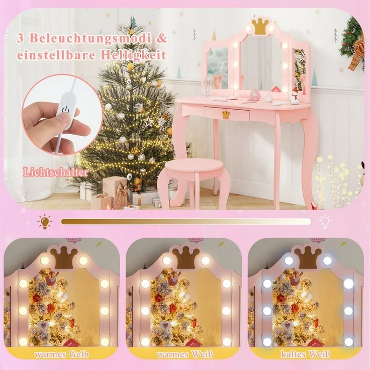 COSTWAY Schminktisch Kinderschminktisch mit Hocker, mit LED Beleuchtung – Bild 3
