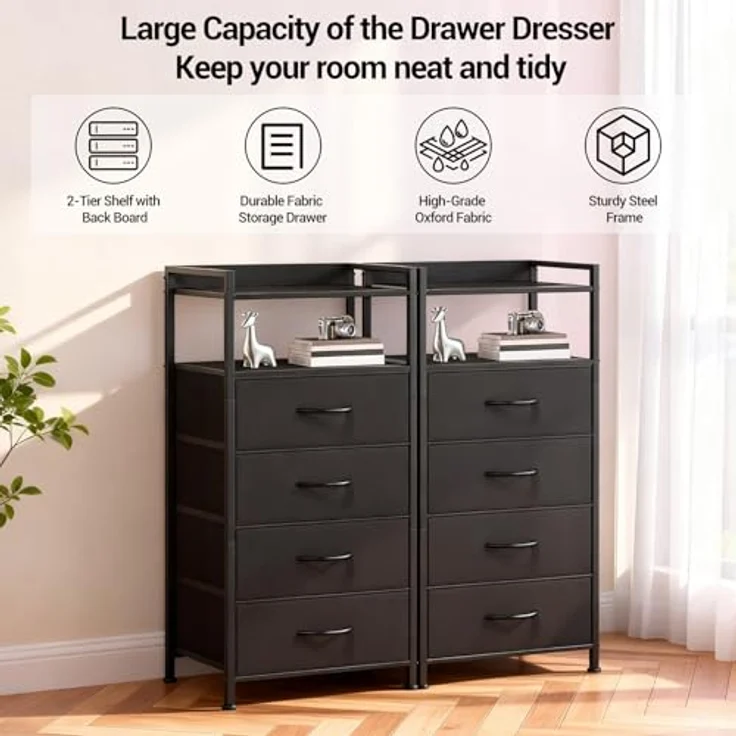 GarveeLife Kommode Schrank 4 Stoffschubladen Aufbewahrungsschrank Für Schlafzimmer Wohnzimmer Flur, Komodenschrank Schubladenschrank, 41x29x83.5Cm – Bild 4