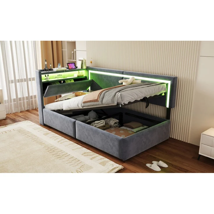 EINHOM Polsterbett Schlafsofa 90 x 200 cm, Samt, mit LED-Beleuchtung und USB-Ladeanschlüssen, Kopfteil Lässt Sich zum Verstauen Öffnen, Hydraulisches Stauraumsystem unter dem Bett, Grau, (Ohne Matratze) – Bild 7