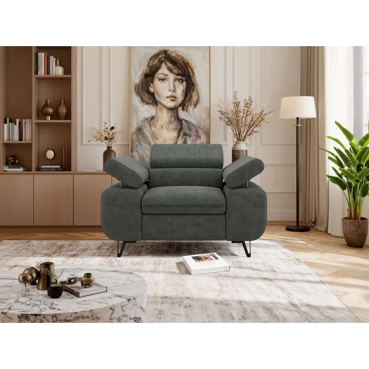 Einzelsessel, Polstersessel PETER mit verstellbaren Armlehnen und Kopfstütze, 1-Sitzer Sofa, Ohrensessel, Wellenfeder - Dunkelgrau Struktur – Bild 4
