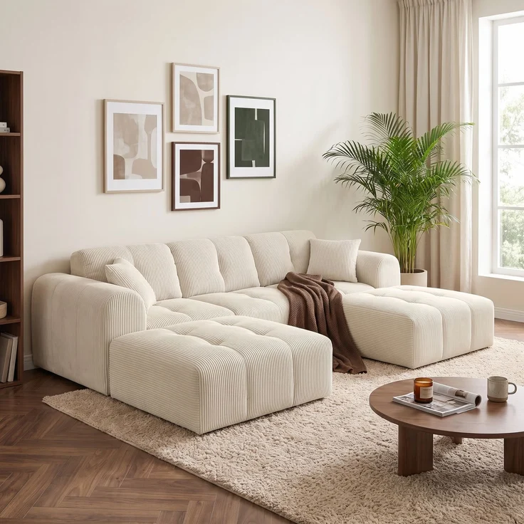 skølm 'Vanaheim' Sofa 3 Sitzer mit 2 Hocker & 2 Kissen, Cloud Sofa beige, Cord, Vollschaumcouch mit Federkern und Vakuum-Kompression, kein Aufbau erforderlich – Bild 5