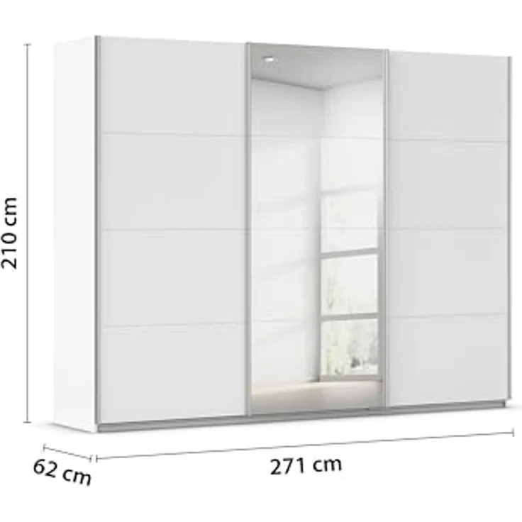 Rauch Möbel Kulmbach, Kleiderschrank mit Schwebetüren für Schlafzimmer, Kinderzimmer, Flur, 3-türig, mit Spiegel und Soft-Close-Funktion, Zubehör Premium, Farbe Weiß, Breite 271 cm – Bild 3