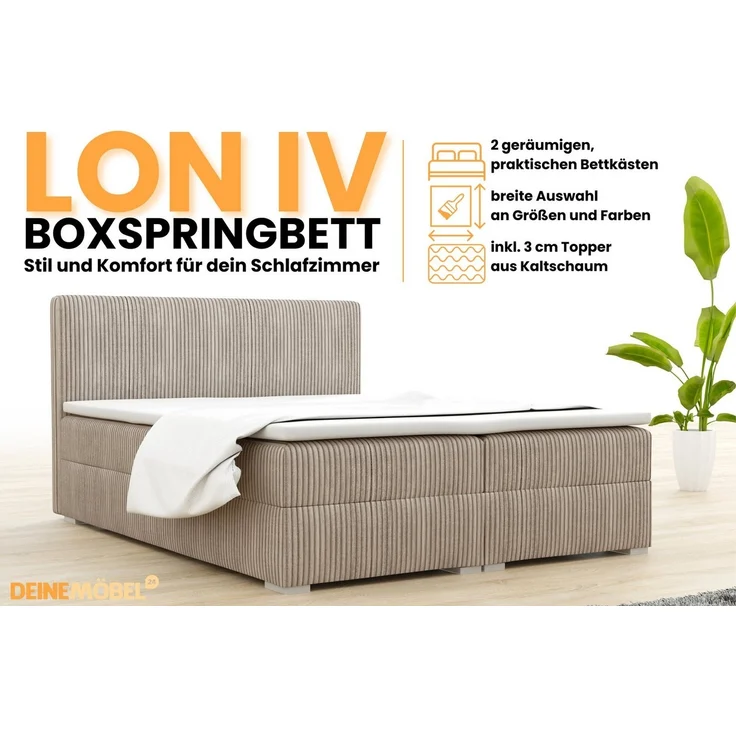 Deine Möbel 24 Boxspringbett LON IV Boxspring Komplettbett Polsterbett Bonellfederkernmatratzen (Cord Beige Creme Grau Dunkelgrau Graphit Schwarz, 3-St, Boxbett Cord Cord-Samt 140x200 160x200 180x200 200x200), inkl. Bettkasten Topper Matratzen H3 H4 – Bild 2