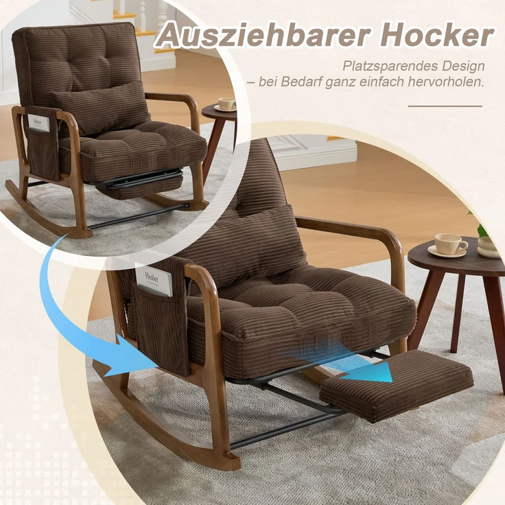 LVHOM Schaukelstuhl mit ausziehbarer Fußstütze, Relaxsessel mit verstellbare Rückenlehne, Loungesessel mit Seitentasche, bis 150 kg belastbar, Braun – Bild 3