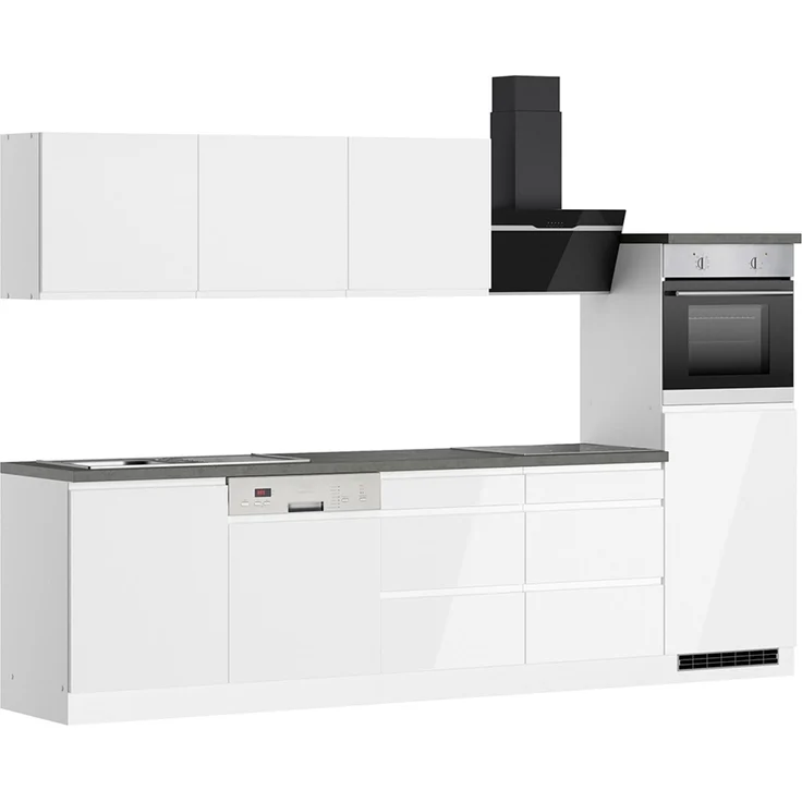 Küchenzeile 300 cm, inkl. E-Geräte, in Hochglanz weiß, Arbeitsplatte Betonoptik MARSEILLE-03 – Bild 3