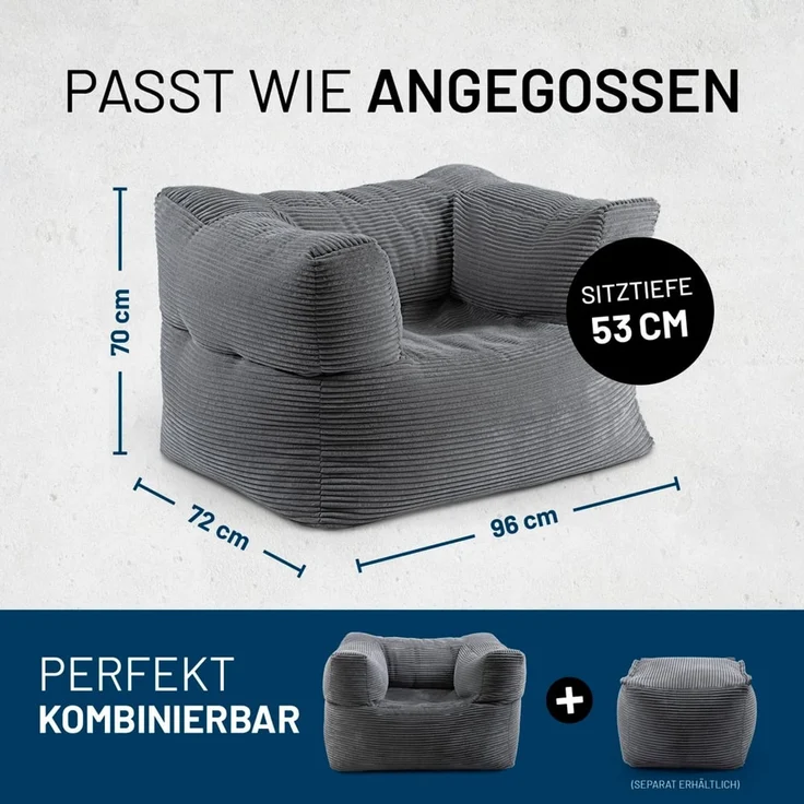 Lumaland Modular Sessel - Cord-Reihe | Indoor Sitzsack mit Softer Struktur, ideal Modulen | Bean Bag für Wohnzimmer & Co. - 96 x 72 x 70 cm – Bild 2
