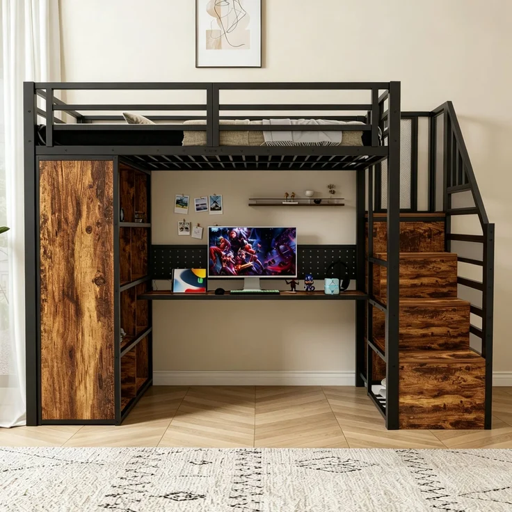 EINHOM Metall-Hochbett 90 x 200 cm mit Kleiderschrank und Staufächern, Metall + Holz, Trittleiter, Schreibtisch mit Steckdosen nach Europäischer Norm, Lochblech und LED-Lichtleiste, Großem Stauschrank, Einzelbett, Schwarz (Ohne Matratze) – Bild 3