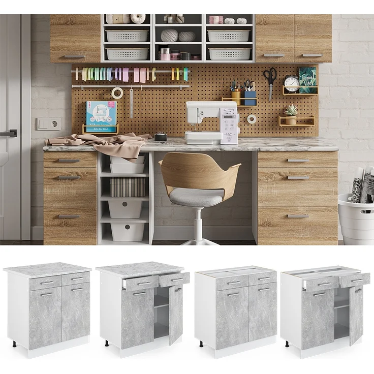 Unterschrank R-Line Beton 80 cm mit Schubladen und Türen, mit Arbeitsplatte Vicco – Bild 2
