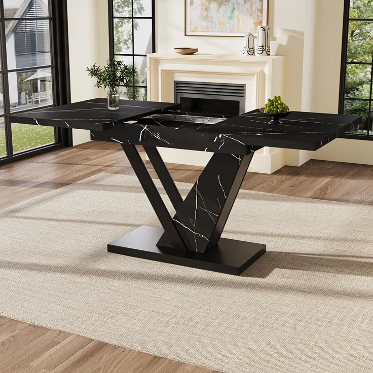 Esstisch ausziehbar 120–160x75x75,5 cm, stilvoller Tisch mit Marmor-Dekorplatte, stabilem Metallrahmen für Küche & Wohnzimmer, 75.5cmx120-160cmx75cm, Schwarz – Bild 3