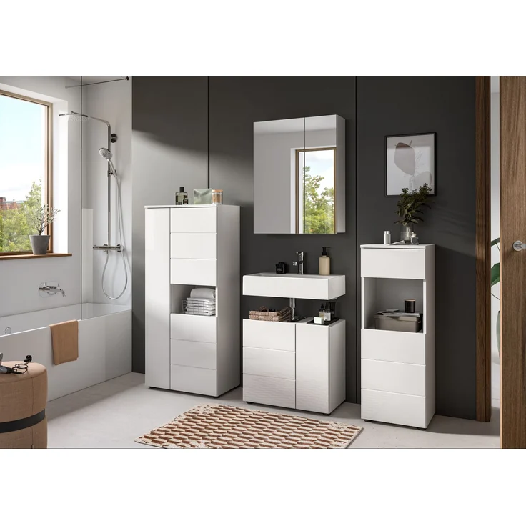 xonox. home Bad Vira X2LA9717 Standschrank Schrank Badschrank in weiß Hochglanz tiefzieh, ca. 60x133x34 cm – Bild 5