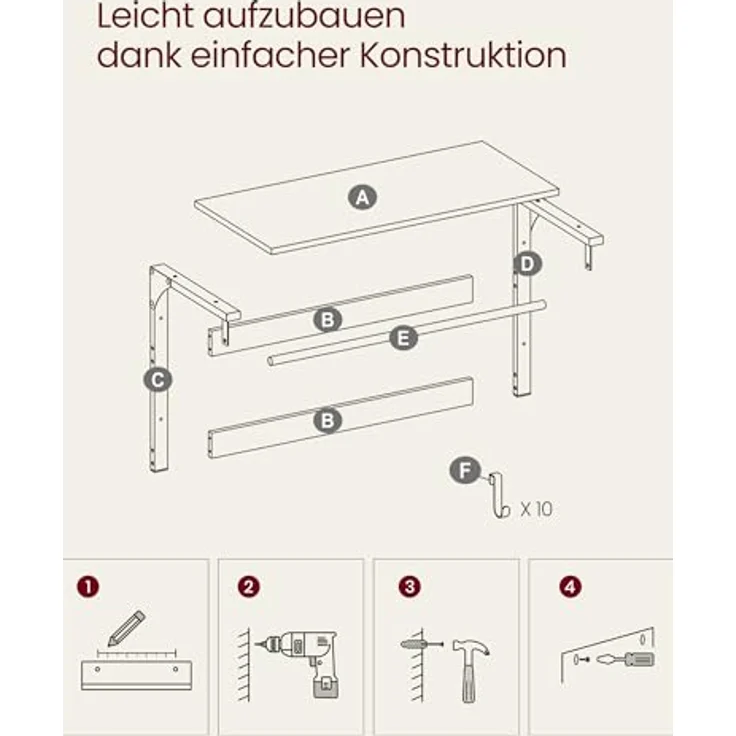 VASAGLE Wandgarderobe, mit Ablage, Wandregal mit 10 abnehmbaren Haken, Hängeregal, Wandmontage, 2 Garderobenleisten, Kleiderstange, für Flur, Schlafzimmer, Badezimmer, vintagebraun-schwarz LCR201B01 – Bild 7