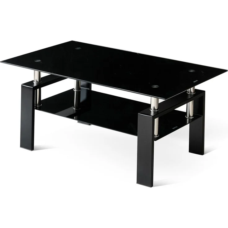 SeedWave Couchtisch Moderner Sofatisch bis 68kg, mit 100cm Glastischplatte, Metallbeinen, 2 Ebene Wohnzimmertisch mit Ablage – Bild 1