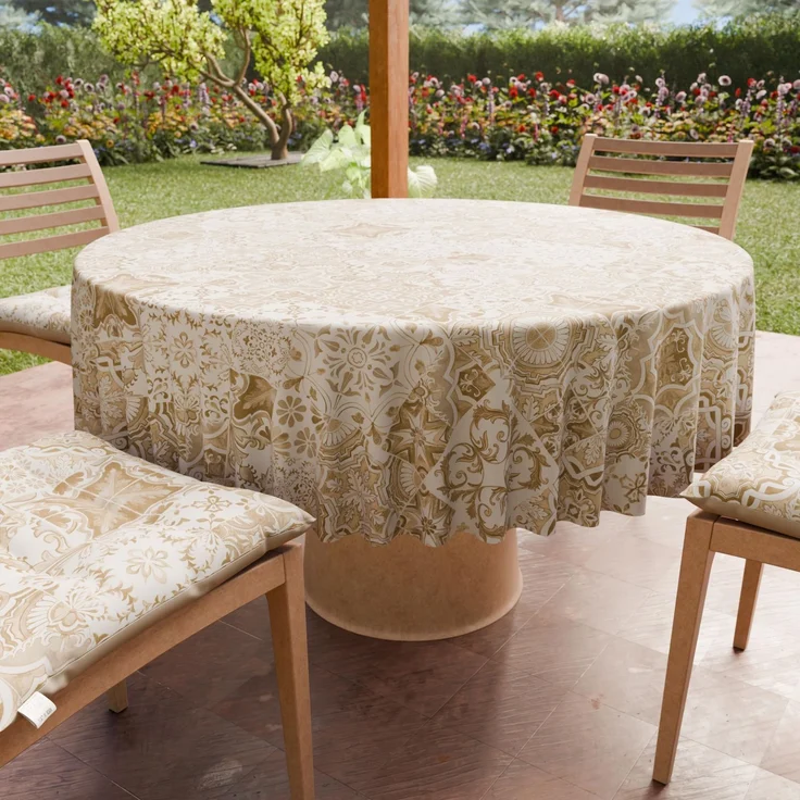 PETTI Artigiani Italiani - Fleckabweisende runde Tischdecke aus Mikrofaser (Durchmesser 200 cm), Küchentischabdeckung für runden Tisch, Design Vietri 02, Taupe, 100% Made in Italy