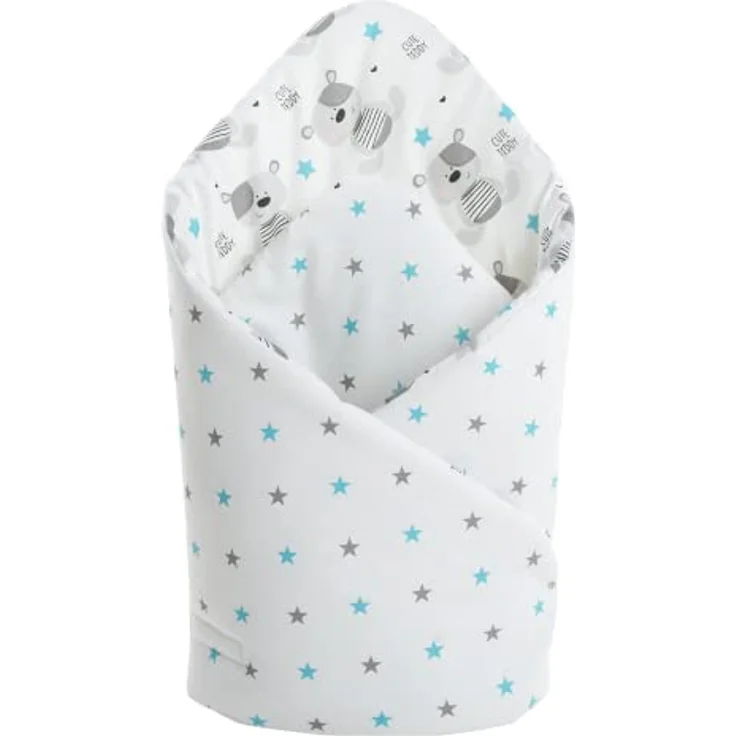 Medi Partners Steckkissen 100% Baumwolle 75x75cm Einschlagdecke Babyhörnchen doppelseitig weich ganzjährig multifunktional antiallergisch Babys (Teddy mit blauen Sternen) – Bild 2