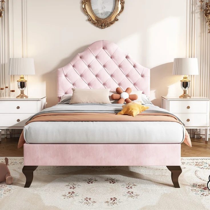 EINHOM Polsterbett 90 x 200 cm mit Lattenrost und Kopfteil, Polsterbett mit Höhenverstellbares Kopfteil, Jugendbett, Einzelbett, Holzlattenunterstützung, Einfache Montage, Samt, Rosa, (Ohne Matratze) – Bild 6