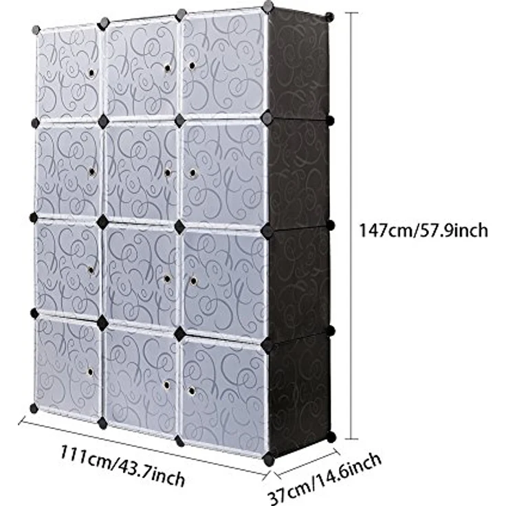 Mondeer Schrank Würfel 184 x 37 x 147 cm, Tragbar, Modular, mit Stange zum Selbermachen, Kleiderschrank, Kombiniert, Platzsparend, Kunststoff, Organizer, Würfel, Garderobenständer, 12 Würfel, Schwarz – Bild 4