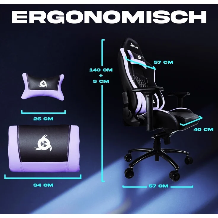 KLIM Esports Gaming Stuhl Lila mit Lenden- und Nackenstütze – Bild 2