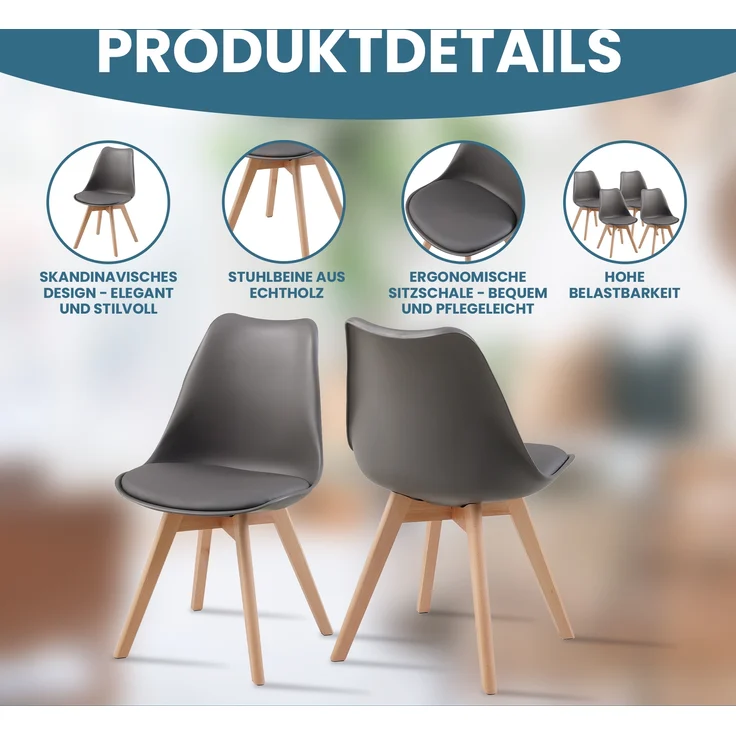 Albatros Esszimmerstühle 4er Set AARHUS, Grau - Beine aus Buche Massiv-Holz, Skandinavisches Retro-Design, bequemer Schalenstuhl - Eleganter Küchenstuhl, Stuhl Esszimmer für Esstisch – Bild 3