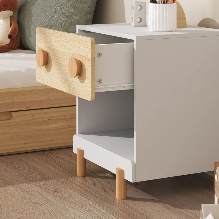 Kindernachttisch Vaarentaa mit Schublade und Ablagefach 47 x 40 x 35 cm Weiß/Eicheoptik [en. casa] – Bild 5