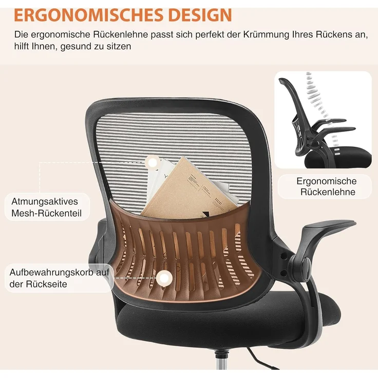 Sweetcrispy Bürostuhl mit Verstellbaren Armlehnen, Ergonomischer Schreibtischstuhl mit Lendenwirbelstütze, Höhenverstellbar, 360° Drehstuhl Gepolstertem Sitzkissen für das Büro Arbeitszimmer, Schwarz – Bild 4