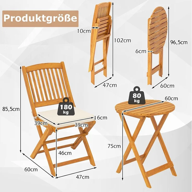 3tlg. Gartenmöbel Set Akazienholz klappbar Rundtisch 2 Stühle Kissen Beige – Bild 6