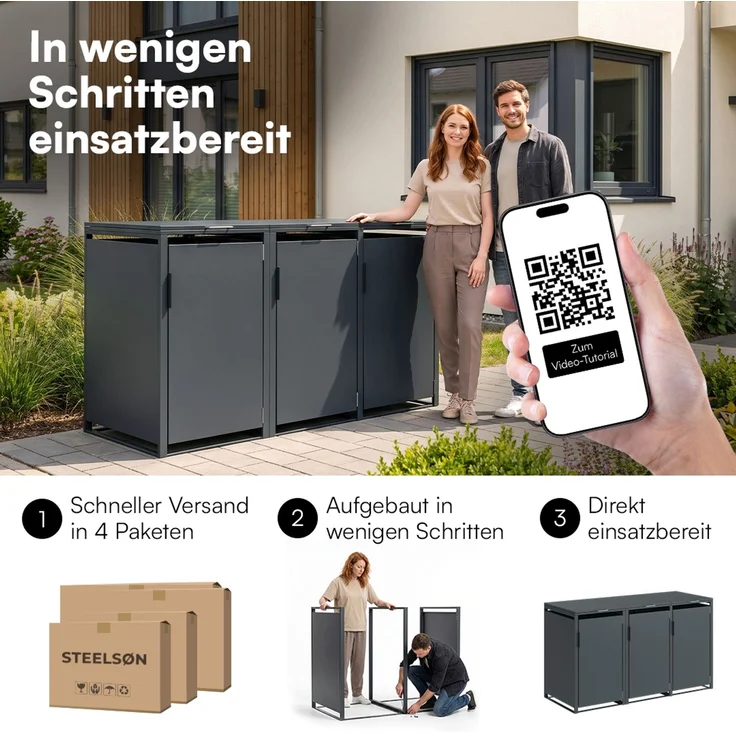 STEELSØN 'Thoria' Mülltonnenbox 3er je 240 Liter, anthrazit, Mülltonnenverkleidung aus Stahl, wetterfest, 116x80x203 cm, Müllbox für 3 Tonnen – Bild 10