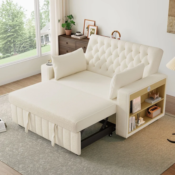 Wohnora-Multifunktionales Schlafsofa, modernes Klappsofa mit Stauraum und Schlaffunktion, Getränkehalter, USB-Ladeanschluss und Kissen, platzsparende Couch für Wohnzimmer, Schlafzimmer und Gästezimmer, Beige,H 84cm x T 140cm x B 137cm – Bild 3