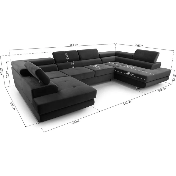 AX LIVING Arborio U Form Schlafsofa mit Kopfstütze Sofa Hellgrau 352cm – Bild 2