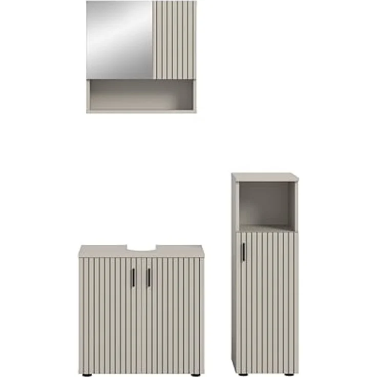 xonox. home – Badkombination Mone 105x180x30 cm in Kaschmir Nachbildung – 3-teiliges Set inkl. Waschbeckenunterschrank, Spiegelschrank & Badschrank – Stilvolle Einrichtungslösung mit kompakten Maßen – Bild 2