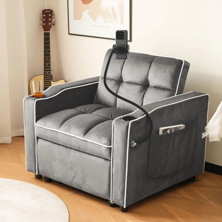Schlafsofa mit Getränkehalter und Handyhalterung,Verstellbarer Sessel, Sofa-Liegestuhl und Gästebett in einem, Samtbezug Dunkelgrau – Bild 2