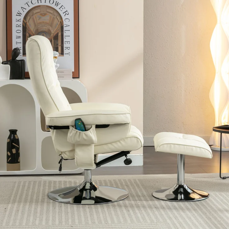 Massagesessel mit Heizfunktion & Fußhocker, verstellbare Rückenlehne bis 135°, Kunstleder Relaxstuhl mit 360° Drehung,Beige – Bild 5