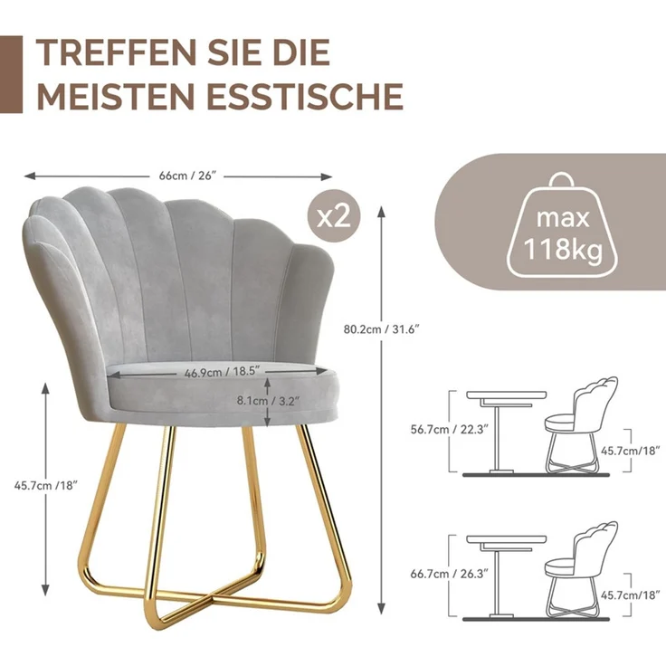 Hawthyhome Polsterstuhl Polstersessel 2er Set mit Blütenblatt-Rückenlehne, goldene Metallbeine, ergonomische hohe Rückenlehne mit Kopfstütze, Wasserfall-Sitzkissen, SGS-zertifiziert & bis 150 kg belastbar, elegantes Design, ideal für Esszimmer, Schmink... – Bild 2