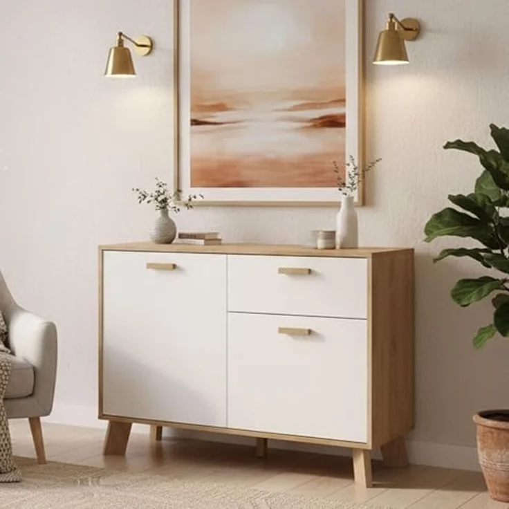 Dmora - Kommode Deirdr, Wohnzimmerbuffet, Wohnzimmer-Sideboard, Moderne Küchen-Speisekammer, 99x39 h73 cm, Eiche und Weiß – Bild 1