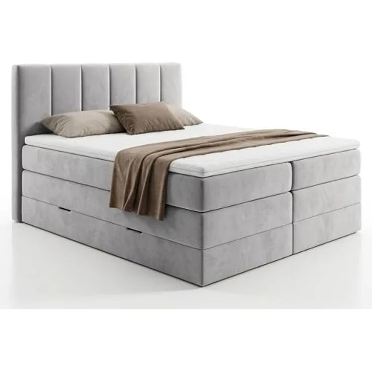 Boxspringbett Star XL mit 2 Bettkästen und Topper, mit Taschenfederkern- und Bonellfederkernmatratze, Doppelbett, Polsterbett aus Veloursstoff mit Stauraum (Grau (Paros 05), 180x200 cm)