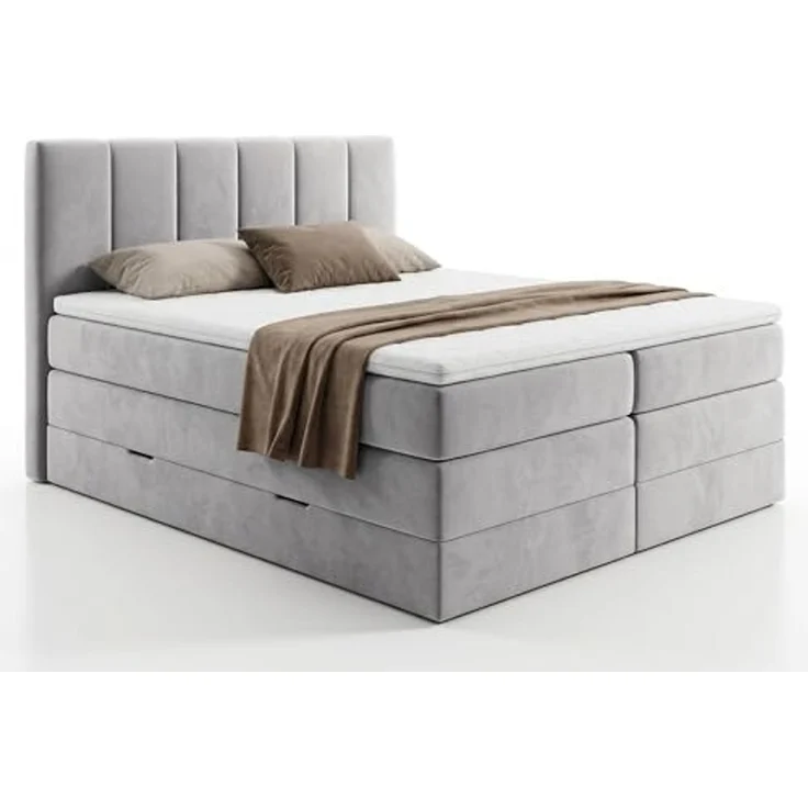 Boxspringbett Star XL mit 2 Bettkästen und Topper, mit Taschenfederkern- und Bonellfederkernmatratze, Doppelbett, Polsterbett aus Veloursstoff mit Stauraum (Grau (Paros 05), 180x200 cm) – Bild 1