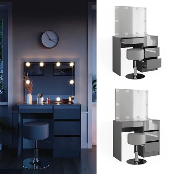 Vicco Schminktisch Sherry, Grau, mit LED-Spiegel, 4 Schubladen, 90x75x40 cm, Holzwerkstoff – Bild 2